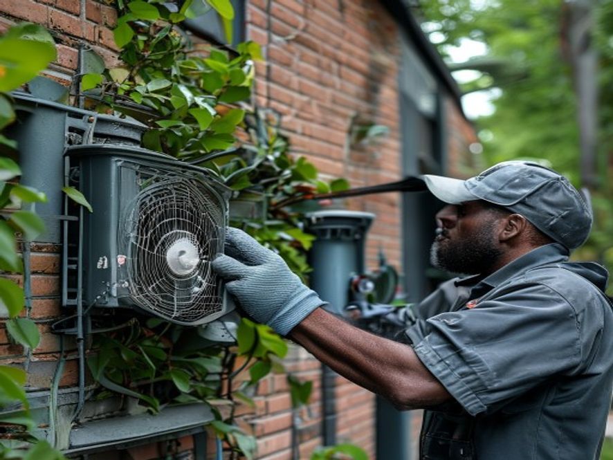 Technician servicing an outdoor air-conditioner unit