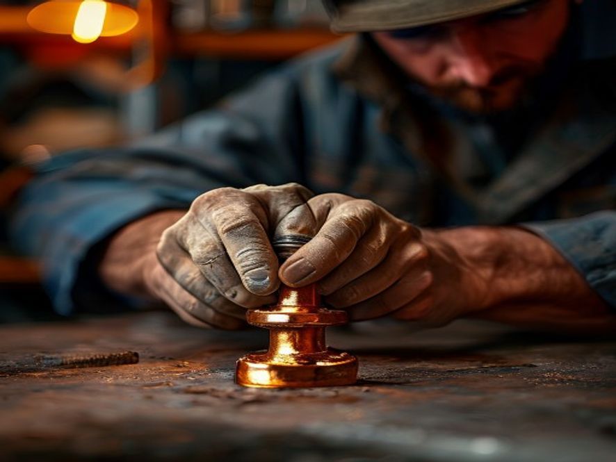 Plumber's hands fitting a copper pipe connection