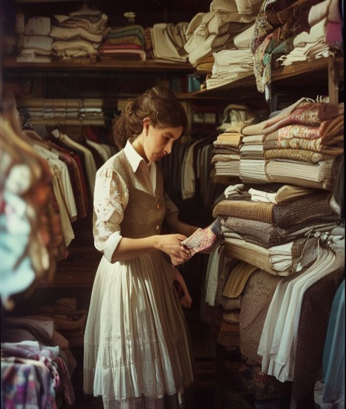 Owner sorting through a rack of vintage clothing